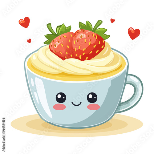 Adorable Kawaii Coffee Cup Character with Cream Topping and Strawberries for Morning Cafe Branding and Fun - Vector Illustration