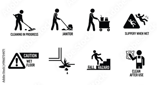 Collection of safety and cleaning signs depicting potential hazards