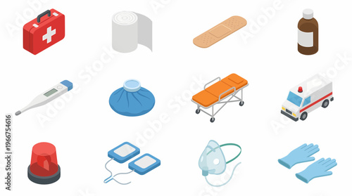 An isometric 3D icon set of medical supplies and equipment for healthcare.
