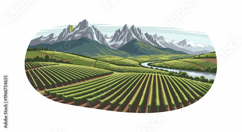 Lush vineyards stretch across rolling hills toward majestic mountains and a winding river