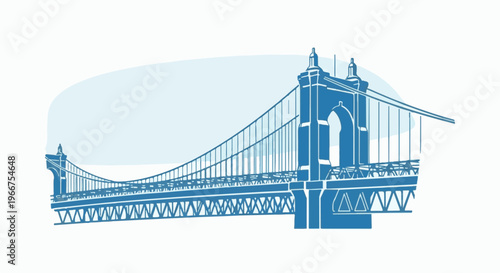 Blue suspension bridge silhouette against a light blue oval background