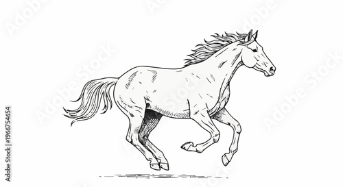 Majestic horse galloping with flowing mane and tail, white background