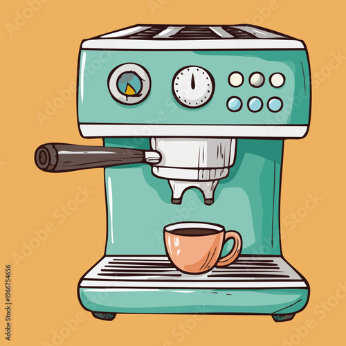 Kitchen Espresso Coffee Machine with Group Head for Making Professional Latte and Cappuccino at Home Cafe - Vector Illustration