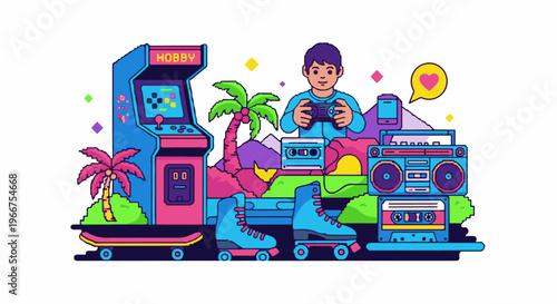 Retro scene with arcade, boombox, roller skates, and a gamer
