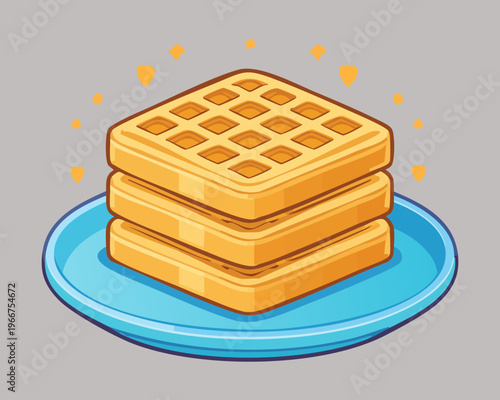 Golden Stack of Waffles on Blue Plate for Tasty Morning Meal and Sweet Dessert Menu Illustration Design - Vector Illustration