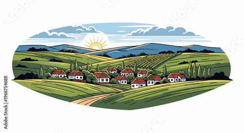 Rolling green hills embrace a village nestled under a bright, radiant sun