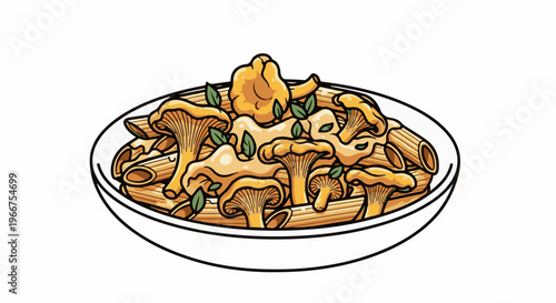 Delicious pasta dish with chanterelle mushrooms and fresh green leaves