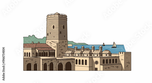 Ancient stone tower and domed buildings by a bay with sailboats