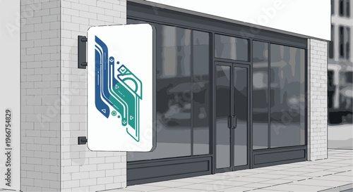 Modern storefront with a minimalist logo on a brick pillar