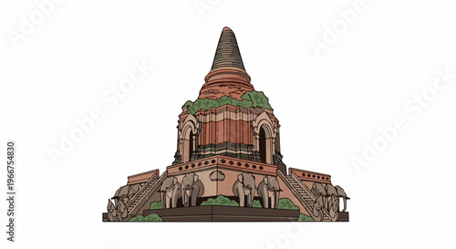 Ancient pagoda with elephant statues at its base, surrounded by greenery