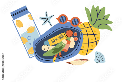 Cartoon tropical vacation accessories for skin care. Pineapple, water bottle, cosmetic purse and seashells, sunglasses. Drink bottle with lemons, aloe lotion and lip balm, sunscreen creams.