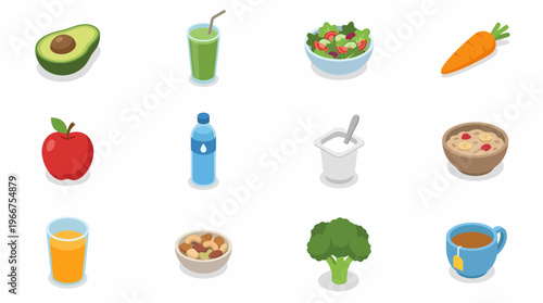 Isometric 3D icon set showcases healthy food and drink options in a vibrant graphic