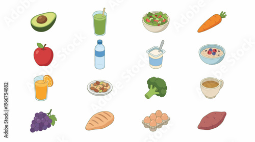 Isometric 3D icon set of food and drink items on a table
