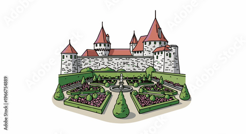 Ornate garden with fountain before a walled fortress featuring turrets