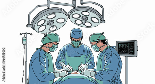 Surgeons in scrubs performing a medical operation with surgical lights