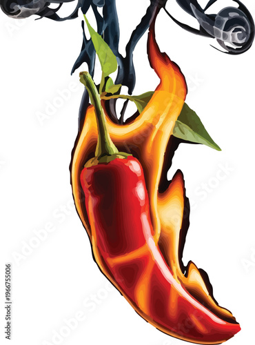 Spicy red chili pepper in burning orange flames, hot habanero with green leaves and black smoke, flaming jalapeño vector illustration for restaurant menus