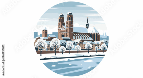 Snowy cityscape with a river and a grand cathedral