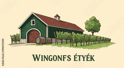 Green barn with wine barrels and vineyard under a tree