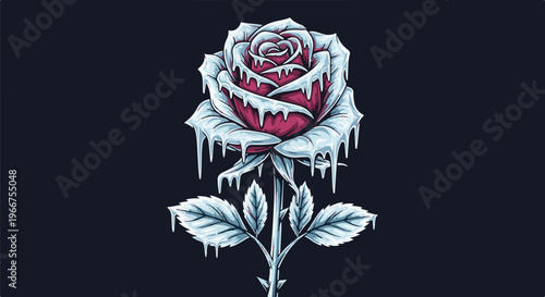 Pixel art depiction of a dark pink rose covered in ice