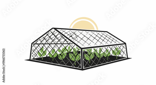 Greenhouse with growing plants under a semi-circular sun
