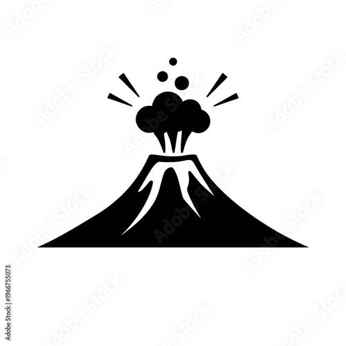 Black silhouette icon of an erupting volcano, spewing thick smoke, ash, and lava from its crater, with dynamic burst lines and flying debris, symbolizing powerful geological activity and raw natural e