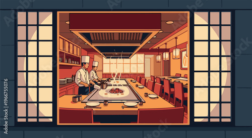 Pixel art depicts chefs preparing food at a hibachi grill in a restaurant