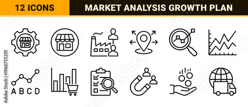 Corporate Strategy and Global Market Analysis Monoline Icon Set featuring Minimalist Geometric Line Art for Financial Reporting and Branding