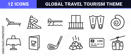 minimalist Monoline Vacation and Resort Lifestyle Icon Set Featuring Geometric Line Art for Travel Planning and Hospitality Services