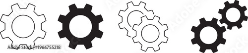 An array of diverse gear icons presented in outline and solid black styles symbolizing industrial engineering settings and mechanical functions