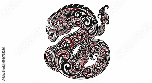 Intricate tribal dragon design with sharp teeth and stylized swirls