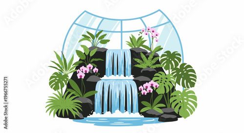 Tropical greenhouse sanctuary with cascading waterfall, orchids and lush foliage