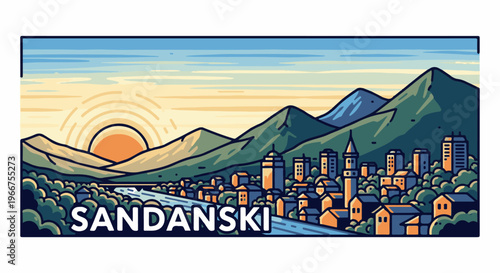 Stylized city skyline at sunrise with mountains and river