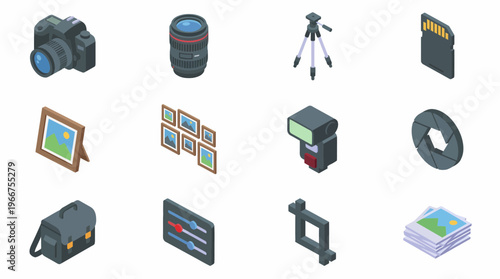 An isometric 3D set of photography icons on a plain background