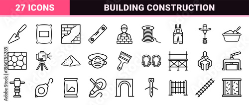 Minimalist Masonry and Bricklaying Outline Icon Set Featuring Professional Construction Tools and Brickwork Building Symbols in Geometric Monoline Style.