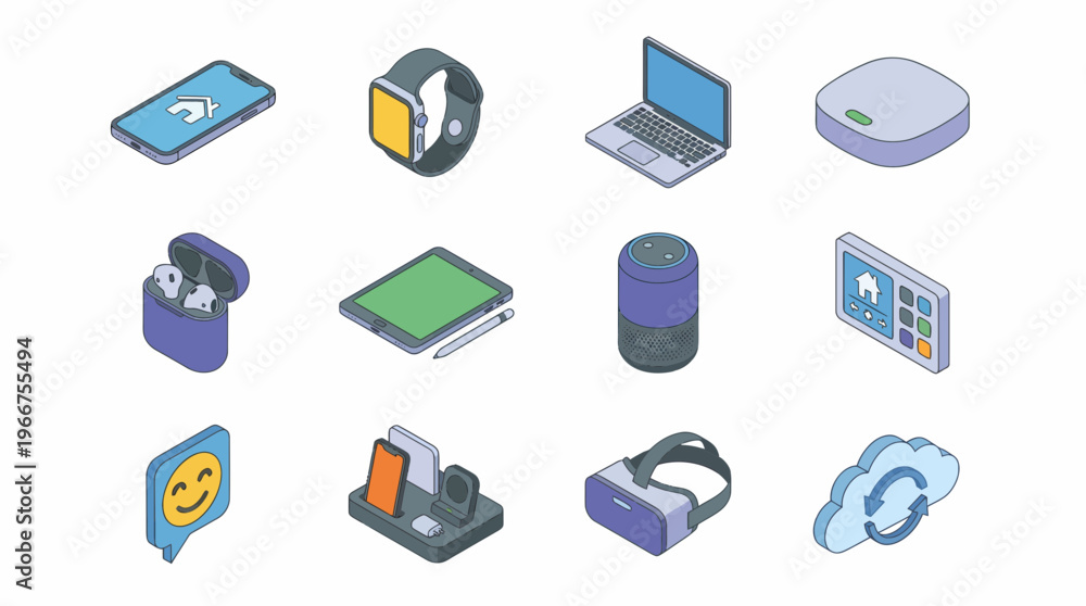 Fototapeta premium Isometric 3D icon set showcases various technology devices in a modern office environment.