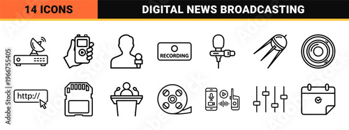 Mass Media and Journalism News Broadcasting Minimalist Monoline Icon Set featuring Geometric Line Art for Digital Communication Design