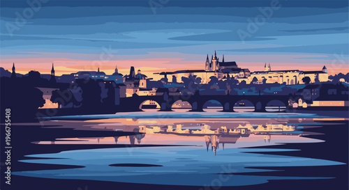 Pixelated cityscape with a bridge over a river at sunset, reflecting