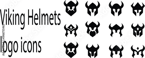 viking helmet icon set, Medieval knight in armor, vector logo. Simple clean modern icon of a warrior with shield and helmet going to battle. Military soldier Idea of protection, Business mascot badge.