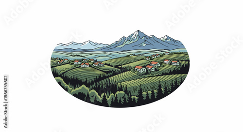 Rolling green hills dotted with white houses leading to distant snow-capped mountains