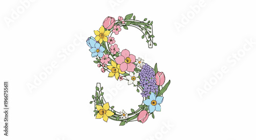 Ornate capital 'S' beautifully crafted from a vibrant spring floral arrangement