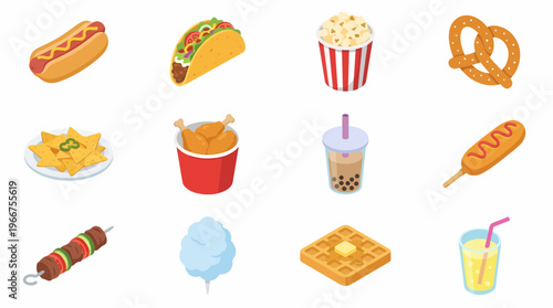Isometric 3D icon set of various food items on a white background