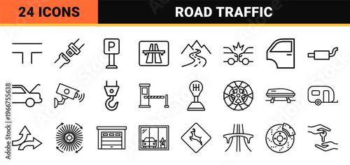 Automotive Logistics and Road Infrastructure Line Art Featuring Ultra Minimalist Monoline Symbols for Navigation and Transportation Wayfinding
