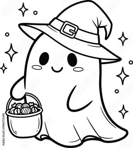 Cute ghost with candy bucket kawaii halloween coloring page