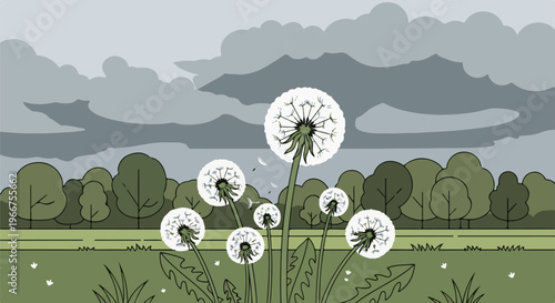Delicate white dandelions float their seeds against a cloudy, green landscape