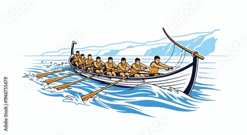 Crew of seven rowers propelling a longboat through choppy blue water