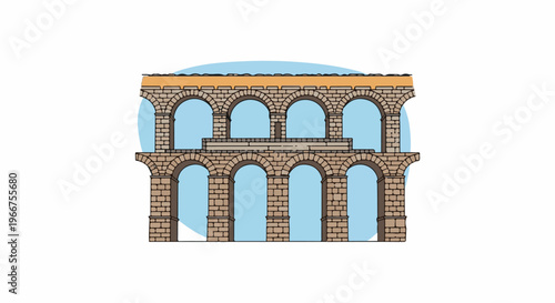 Stylized illustration of ancient Roman aqueduct with arches and sky