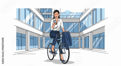 Woman on bicycle looking at smartphone in modern office courtyard