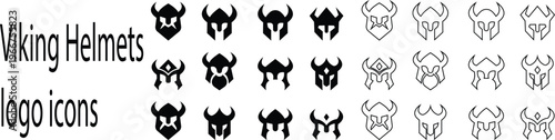 viking helmet icon set, Medieval knight in armor, vector logo. Simple clean modern icon of a warrior with shield and helmet going to battle. Military soldier Idea of protection, Business mascot badge.