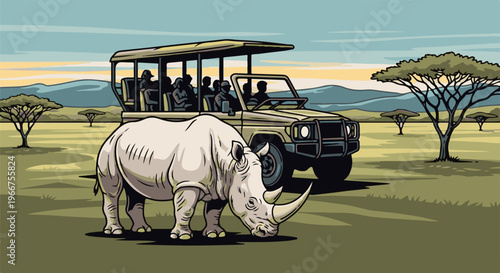 Pixel art safari adventure with rhino and people in open-top vehicle