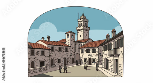 Pixel art of a European town square with a tower and old stone buildings